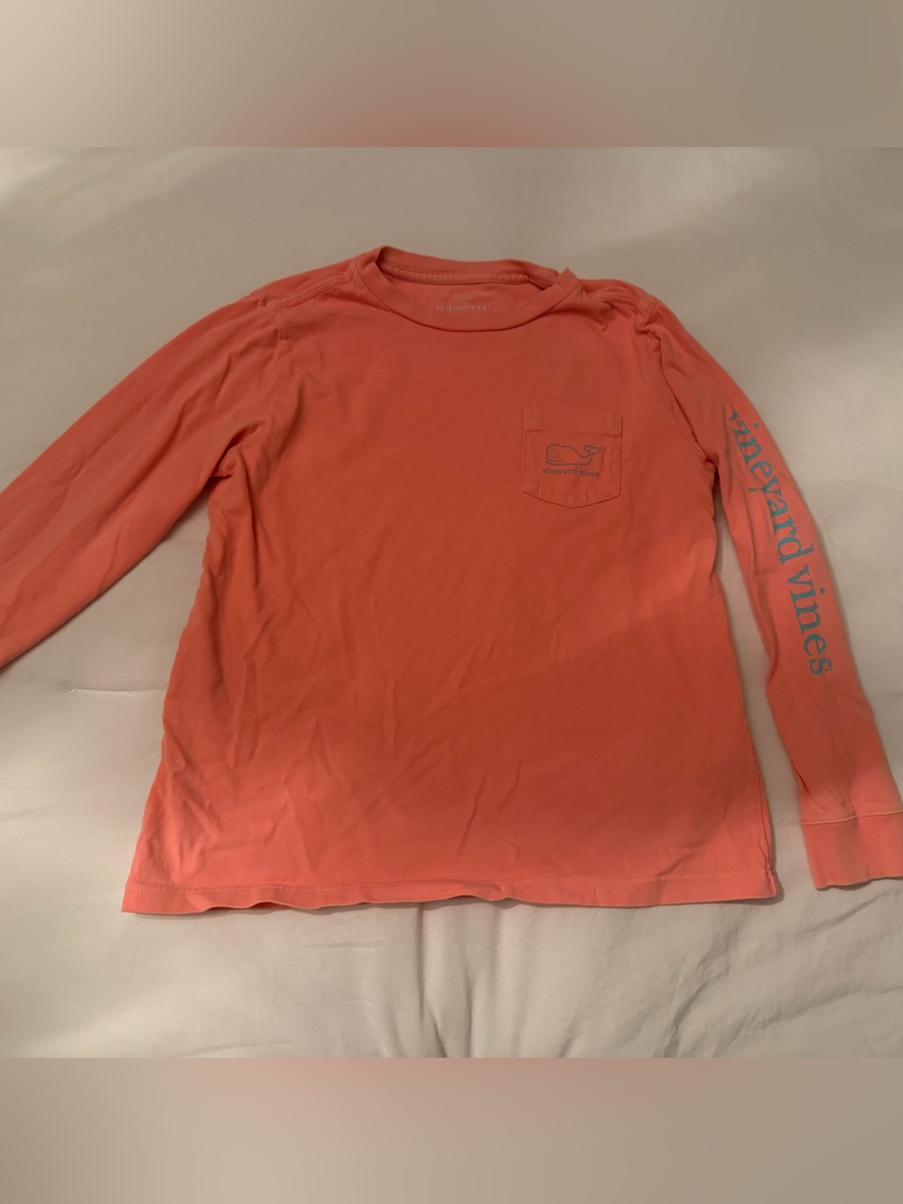 Boys size 7 long sleeve shirt vineyard vines coral aqua blue whale logo